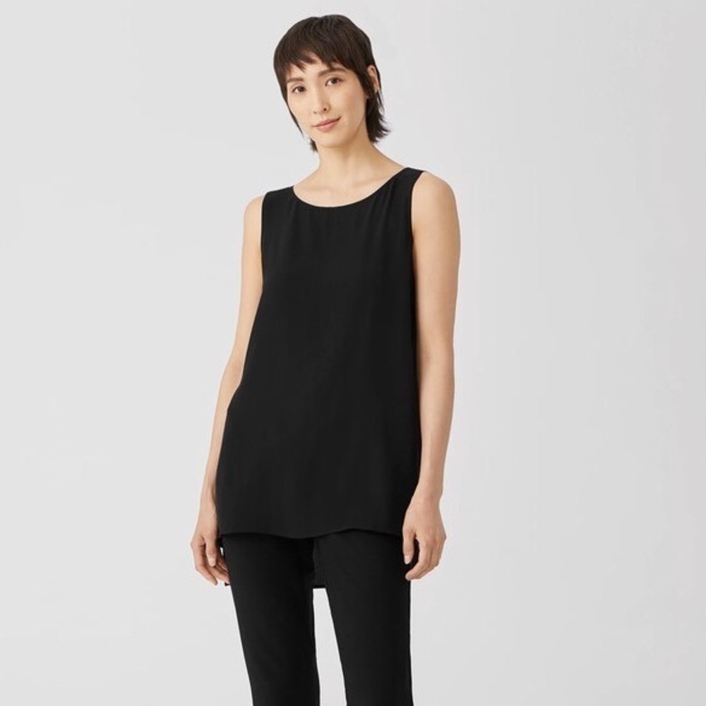Eileen Fisher Silk Georgette Crepe Bateau Neck Tank 1X Black